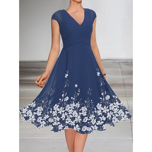 

Women's A Line Dress Midi Dress Blue Short Sleeve Floral Ruched Print Spring Summer V Neck Elegant 2022 3XL