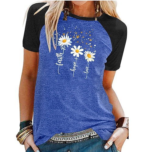 

Women's Casual Daily Holiday T shirt Dress Graphic Daisy Letter Short Sleeve Print Round Neck Basic Tops Green Blue Light gray S