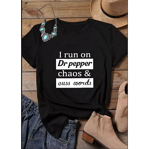 

Women's Casual Weekend Painting T shirt Tee Text Short Sleeve Print Round Neck Basic Tops Black S