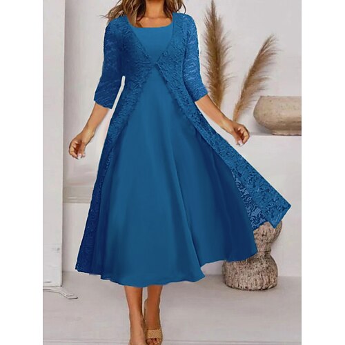 

Women's A Line Dress Midi Dress Royal Blue 3/4 Length Sleeve Solid Color Ruched Lace Spring Summer Crew Neck Casual Sexy 2022 S M L XL XXL 3XL