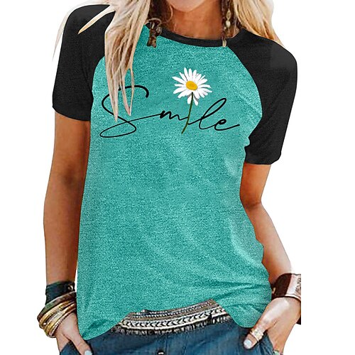 

Women's Casual Daily Holiday T shirt Dress Graphic Daisy Letter Short Sleeve Print Round Neck Basic Tops Green Blue Light gray S