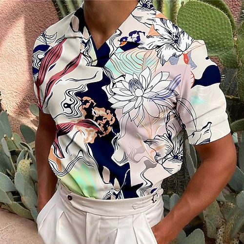 

Men's Collar Polo Shirt Golf Shirt Floral Turndown Pink Beige Black 3D Print Casual Daily Short Sleeve Button-Down Print Clothing Apparel Fashion Designer Casual Breathable / Sports