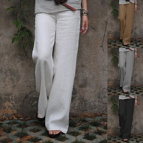 

Women's Pants Trousers Cotton Black Khaki Grey Fashion Casual Weekend Wide Leg Full Length Comfort Plain S M L XL XXL