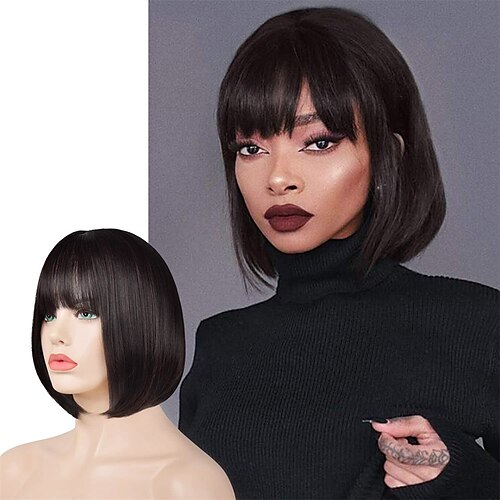 

Short Straight Bob Wigs with Bangs 11 inch Synthetic Daily Party Cosplay Hair Wig for Black Women Darkest Brown and Dark Auburn Mixed