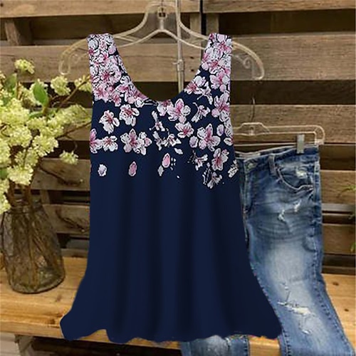 

Women's Plus Size Tops Tank Top Floral Print Sleeveless Crewneck Streetwear Daily Holiday Cotton Spandex Jersey Spring Summer Navy Blue