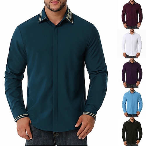 

Men's Dress Shirt Solid Color Turndown Wine Olive Green Blue Purple White Print Daily Going out Long Sleeve Button-Down Clothing Apparel Fashion Business Work Formal