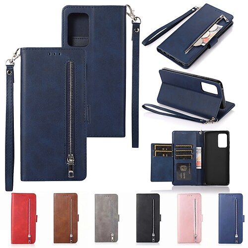 

Phone Case For Samsung Galaxy Wallet Card A73 A53 A33 S22 Ultra Plus S21 FE S20 A72 A52 A42 Note 10 Zipper Shockproof with Wrist Strap Solid Colored TPU PU Leather