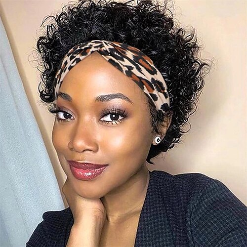 

Human Hair Wig Short Kinky Curly With Headband Natural Black Cool Designers Natural Hairline Capless Brazilian Hair Women's Natural Black #1B 6 inch