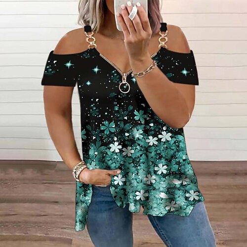 

Mulheres Camiseta Preto Vermelho Azul Floral Dia de São Patrício Zíper Com Corte Manga Curta Diário Férias Roupa de rua Assimétrico Padrão Tamanho Grande L