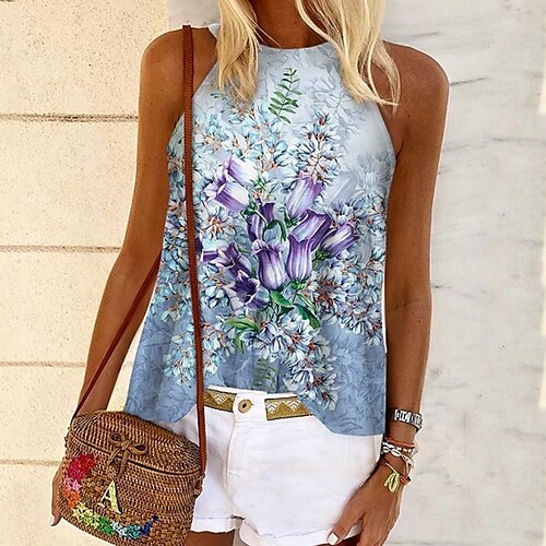 

Women's Floral Theme Tank Top Vest Floral Print Round Neck Casual Streetwear Tops Blue / 3D Print