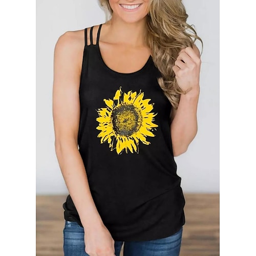 

Women's Holiday Weekend Floral Tank Top Camis Sunflower Sleeveless Backless Print V Neck Casual Streetwear Tops Black S