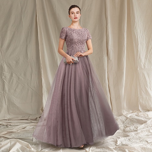 

A-Line Mother of the Bride Dress Luxurious Elegant Jewel Neck Floor Length Lace Tulle Short Sleeve with Pleats Appliques 2022