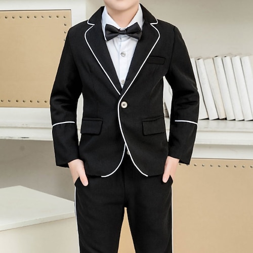 

3 Pieces Kids Boys FormalSet Clothing Set Outfit Color Block Long Sleeve Cotton Set Formal Gentle Preppy Style Spring Summer 3-10 Years Black Wine