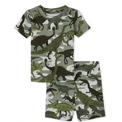 

2 Pieces Kids Boys T-shirt & Shorts Clothing Set Outfit Dinosaur Camo Camouflage Short Sleeve Crewneck Set Outdoor Sports Fashion Cool Spring Summer 3-13 Years Green