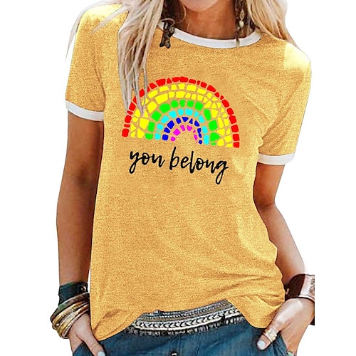 

Women's T shirt Tee Blue Purple Yellow Rainbow Text Print Short Sleeve Casual Weekend Basic Round Neck Regular Cotton LGBT Pride Painting S