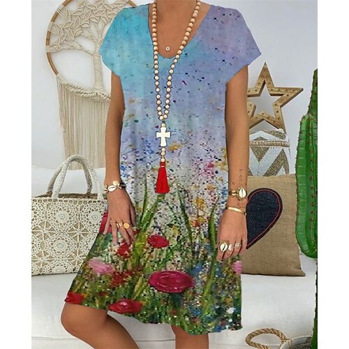 

Damen Casual kleid Etuikleid Blau Kurzarm Blumen Bedruckt Frühling Sommer V Ausschnitt Lockere Passform 2022 S M L XL XXL 3XL