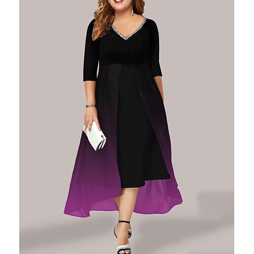 

Women's Plus Size Holiday Dress Color Gradient V Neck 3/4 Length Sleeve Spring Fall Work Sexy Midi Dress Holiday Work Dress / Slim