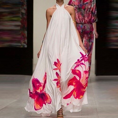 

Women's Swing Dress White Dress Long Dress Maxi Dress White Sleeveless Floral Backless Spring Summer Halter Neck Weekend Slim 2022 S M L XL