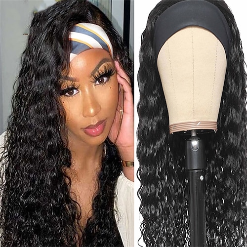 

Human Hair Wig Water Wave With Headband Natural Black Adjustable Easy to Carry Natural Hairline Machine Made Brazilian Hair Women's Natural Black #1B 12 inch 14 inch 16 inch Party / Evening Daily
