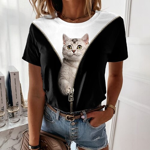 

T shirt Tee Femme Noir Chat 3D Imprimer Manche Courte Casual Fin de semaine basique Col Rond Normal Standard Chat 3D Peinture S