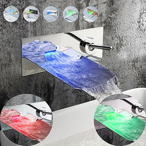 

Wall Mounted Bathroom Sink Faucet,Single Handle Two Holes LED Waterfall Contemporary Chromium Plating Bath Taps with Hot and Cold Water