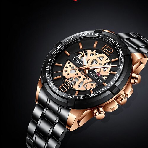 

New Va-2322 Black Gold Non-Automatic Mechanical Multi-Function Watch Men'S Sports Watch Luminous Calendar Steel Belt Hollow Watch