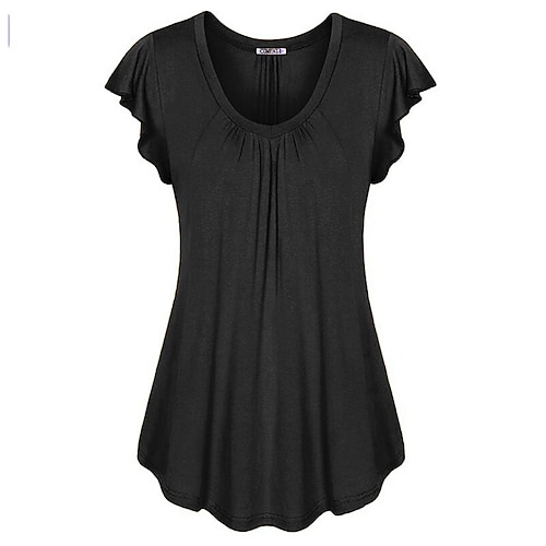 

Mujer Camiseta Negro Verde Oscuro Fucsia Plano Volante Manga Corta Diario Vacaciones Ropa de calle Escote en Pico Regular Algodón L