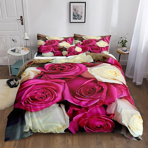 

Rose Printed 3-Piece Duvet Cover Set Hotel Bedding Sets Comforter Cover with Soft Lightweight Microfiber, Include 1 Duvet Cover, 2 Pillowcases (1 Pillowcase for Twin/Single)