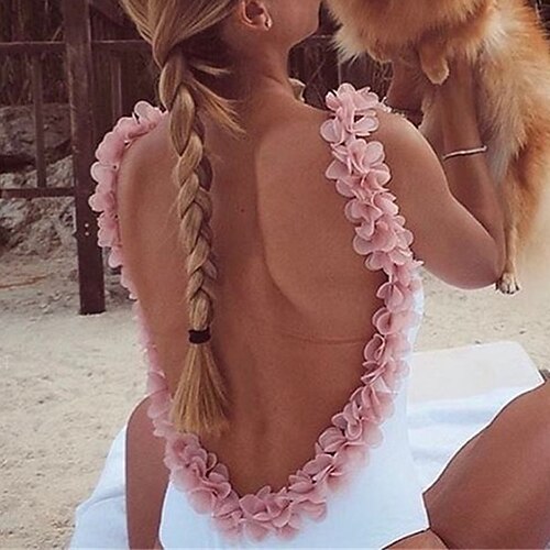 

Mulheres Roupa de Banho Uma pedaço Monoquíni Fatos de banho Normal roupa de banho Floral Compressão abdominal Sem costas Cintura alta Cor imaculada Branco Decote em U Fatos de banho novo Férias Moda
