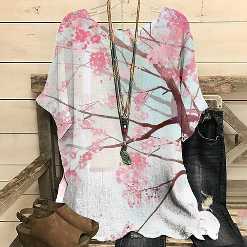 

Women's Plus Size Curve Tops Blouse Floral Print Short Sleeve Round Neck Streetwear Festival Daily Sports Polyester Spring Summer Green Black