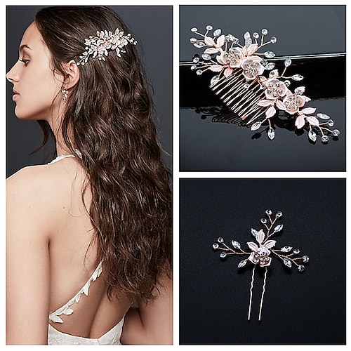 

3pcs Women's Hair Combs Hair Sticks Hairpin Comb For Wedding Party Evening Gift Head Rhinestone Alloy Rose Gold