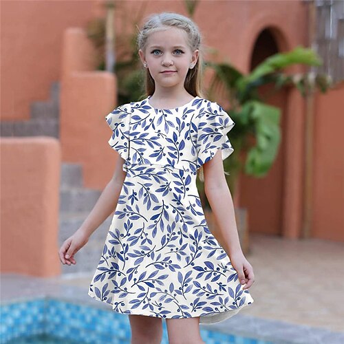 

Kids Girls' Dress Leaves A Line Dress Above Knee Dress Daily Ruffle Short Sleeve Cute Dress 3-12 Years Spring Blue