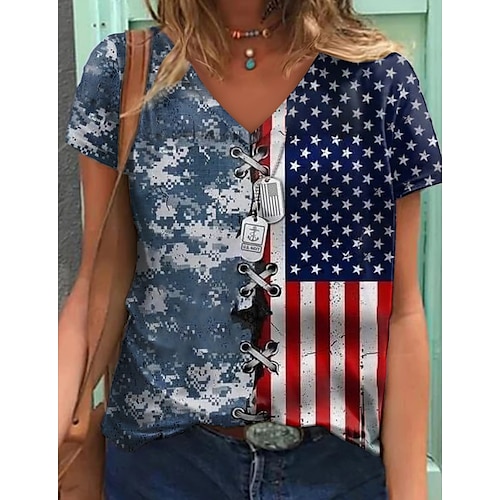 

Women's T shirt Tee Navy Blue USA National Flag Print Short Sleeve Casual Weekend Basic V Neck Regular Painting S