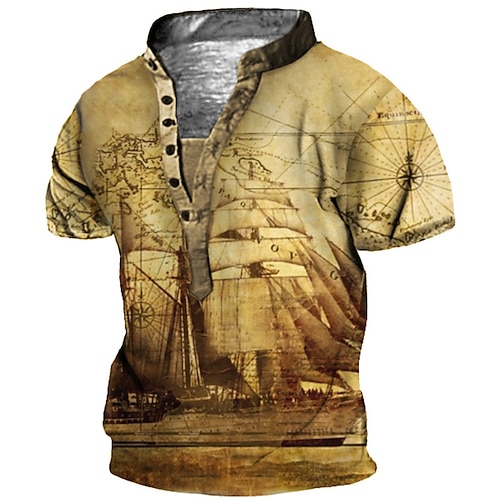 

Hombre Camiseta Henley Shirt Tee Graphic Escote Chino Amarillo Impresión 3D Sailboat Talla Grande Exterior Diario Manga Corta Abotonar Estampado Ropa Básico Design Casual Grande y alto / Verano