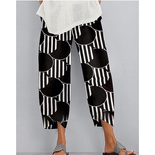 

Women's Chinos Pants Trousers Faux Linen Black Mid Waist Casual / Sporty Athleisure Casual Weekend Print Micro-elastic Ankle-Length Comfort Stripe S M L XL XXL / Loose Fit