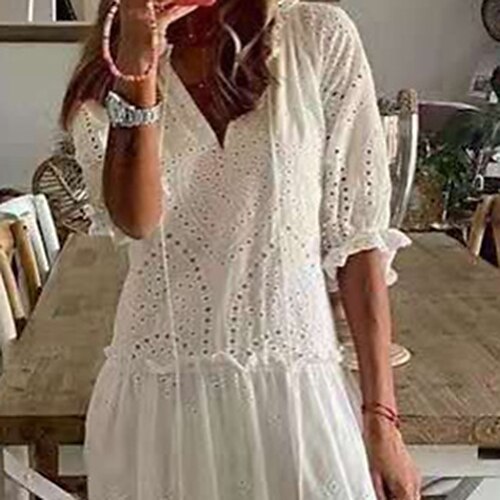 Women's A Line Dress Maxi long Dress White Half Sleeve Pure Color Hollow Out Spring Summer V Neck Stylish 2022 S M L XL
