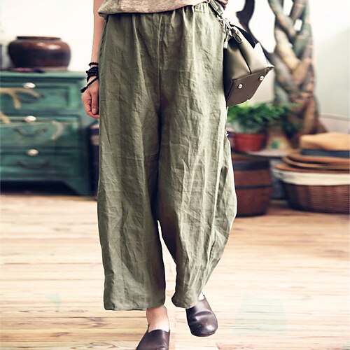 

Women's Culottes Wide Leg Chinos Pants Trousers Trousers Linen / Cotton Blend Green Purple Gray Mid Waist Fashion Casual Weekend Side Pockets Micro-elastic Full Length Comfort Plain S M L XL XXL