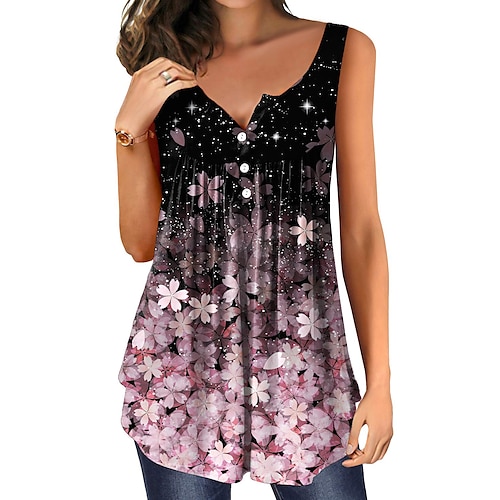 

Women's Tank Top Henley Shirt Camis Tunic Pink Blue Purple Floral Button Flowing tunic Sleeveless Holiday Weekend Streetwear Tunic Casual V Neck Regular Floral S