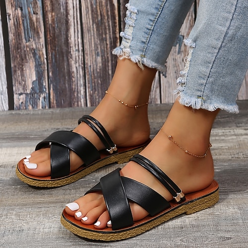 

Women's Sandals Outdoor Slippers Flat Heel Round Toe Classic Daily Walking Shoes PU Leather Loafer Spring Summer Solid Colored Dark Brown Black Beige