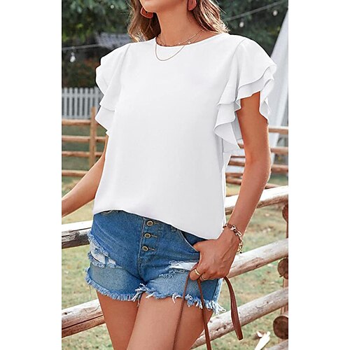 

Women's Blouse Shirt Blue Purple Pink Plain Ruffle Short Sleeve Daily Weekend Streetwear Casual Round Neck Regular S