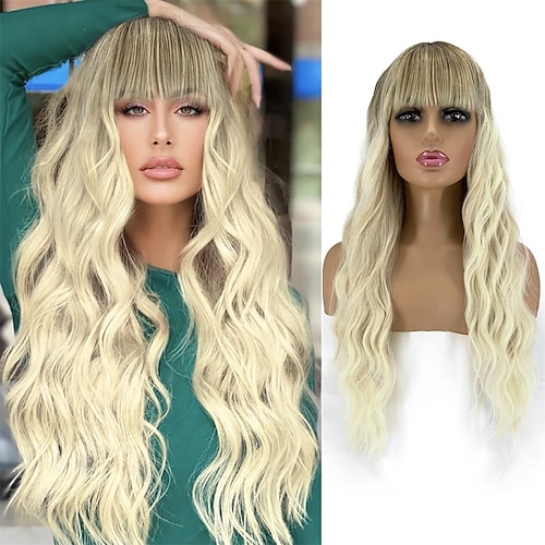 

28 inch Long Wavy Wig with Bangs for Women Natural Looking Synthetic Wigs Heat Resistant Hair Long Wigs for Daily Party (Light Golden Mix Blonde)