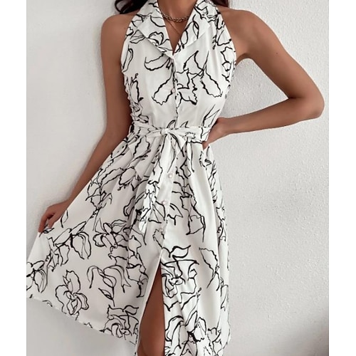 

Women's Casual Dress Midi Dress White Sleeveless Floral Print Spring Summer Halter Neck Weekend 2022 S M L XL XXL 3XL
