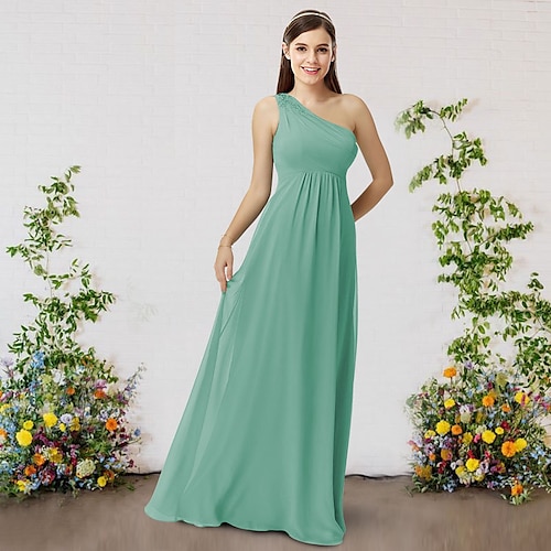

A-Line Bridesmaid Dress One Shoulder Sleeveless Elegant Floor Length Chiffon with Pleats / Appliques 2022