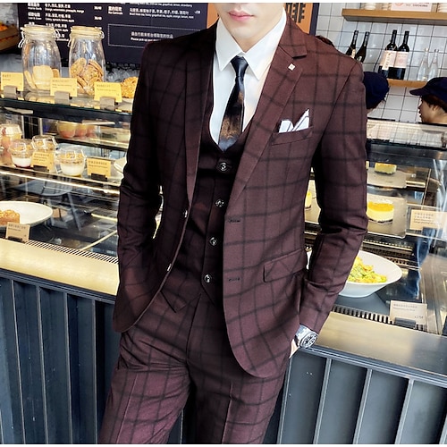 

Black Gray Burgundy Men's Homecoming Suits 3 Piece Checkered Tailored Fit Single Breasted Two-buttons 2022