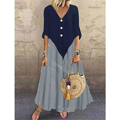 

Women's Long Dress Maxi Dress Black Navy Blue Half Sleeve Color Block Ruched Fall Spring Autumn V Neck 2022 S M L XL XXL 3XL