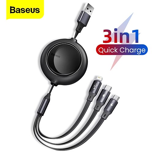 

Baseus USB C Cable 100W 4ft Super Fast Charging Cable 3 in 1 Retractable Charging Cable Multi Charging Cable USB C to Lightning/USB C/Micro USB for Laptop/Cell Phone/Tablets/Phone 13 12/Galaxy