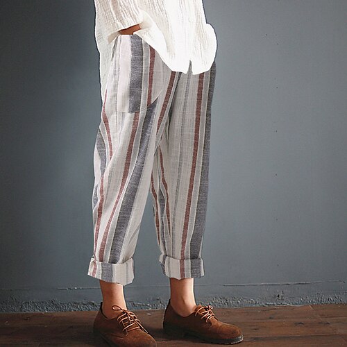 

Women's Chinos Pants Trousers Linen / Cotton Blend Blue Apricot Black Mid Waist Fashion Casual Weekend Side Pockets Micro-elastic Ankle-Length Comfort Stripe S M L XL XXL