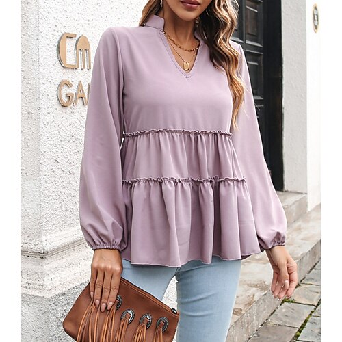 

Women's Casual Daily Going out Blouse Plain Long Sleeve Patchwork Lettuce Trim V Neck Casual Streetwear Tops Lantern Sleeve Green Black Khaki S