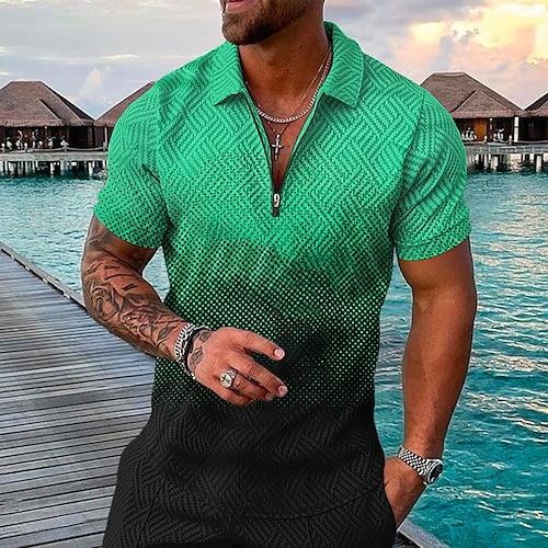 

Men's Collar Polo Shirt Golf Shirt Waves Geometry Turndown Green / Black 3D Print Going out golf shirts Short Sleeve Zipper Clothing Apparel Sports Designer Punk & Gothic / Slim