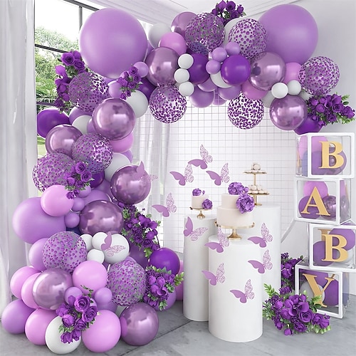 

Purple Balloon Garland Kit 145 Pcs Butterfly Baby Shower Decorations for Girl 12 Pcs Butterfly Stickers Balloons Arch White Metallic Purple Confetti for Birthday Wedding Party